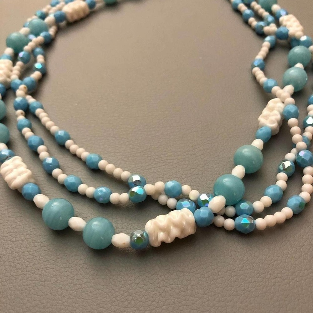 Vintage  textured three strand blue and white  glass bead necklace